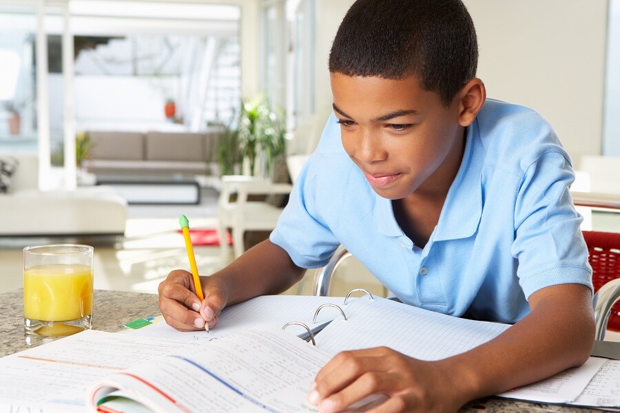 Boy sitting in kitchen doing homework