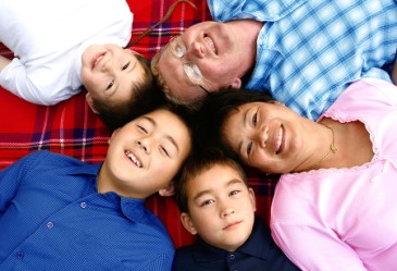 Family laying down on blanket smiling up at camera