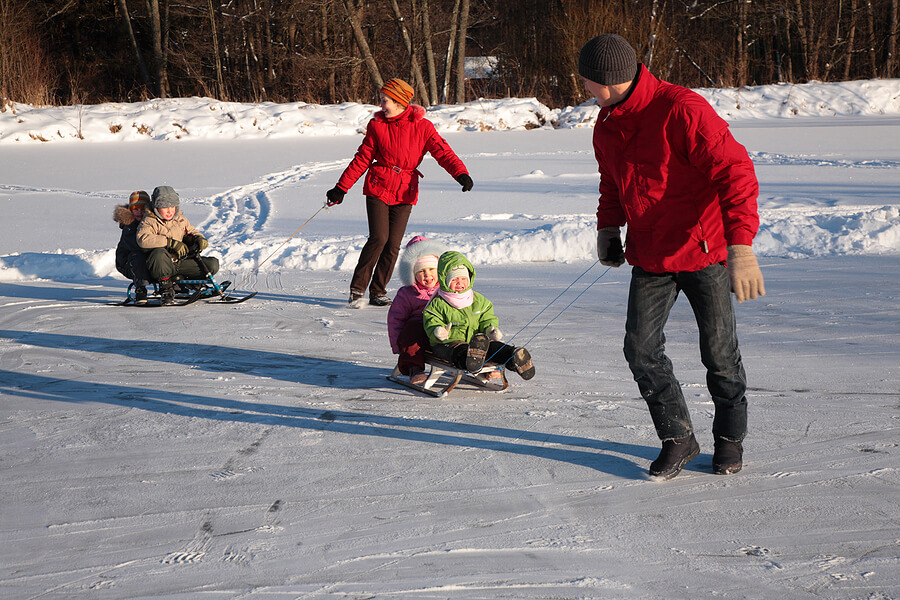 NewYearsResolution,momanddadpullingkidsonsleds