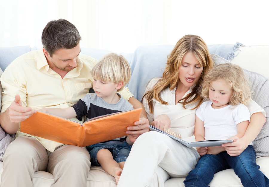 family reading Halloween books