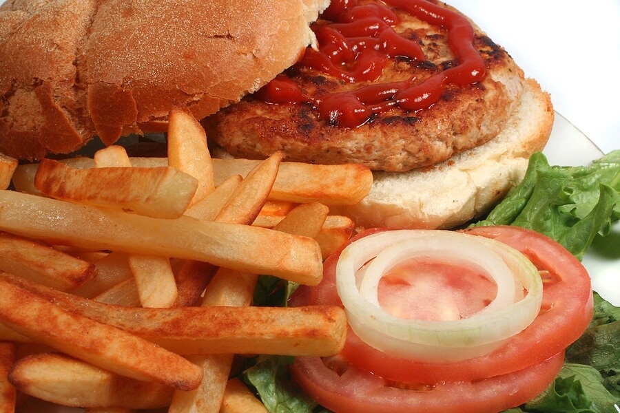 Turkey burger and fries on white background